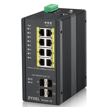 SWITCH ZYXEL INDUSTRIALE 12P LAN GIGABIT ZYXEL RGS200-12P-ZZ0101F MANAGED (8P POE, EROG. FINO 240W + 4 SFP) IP30